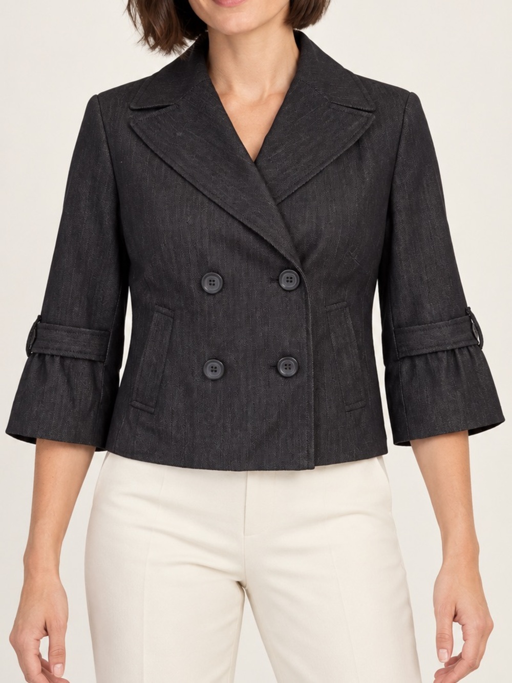 Dark Denim Cropped Jacket Ann Taylor LOFT US 6 Double Breasted 3/4 Sleeve Cotton